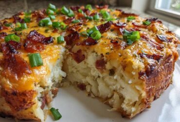 Close-up of a cheesy, bacon-topped twice baked potato casserole with a slice removed.