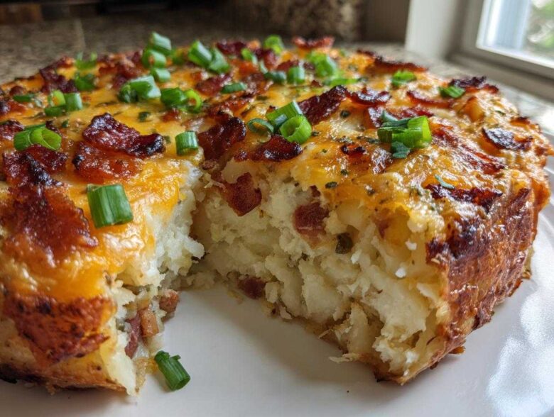 Close-up of a cheesy, bacon-topped twice baked potato casserole with a slice removed.