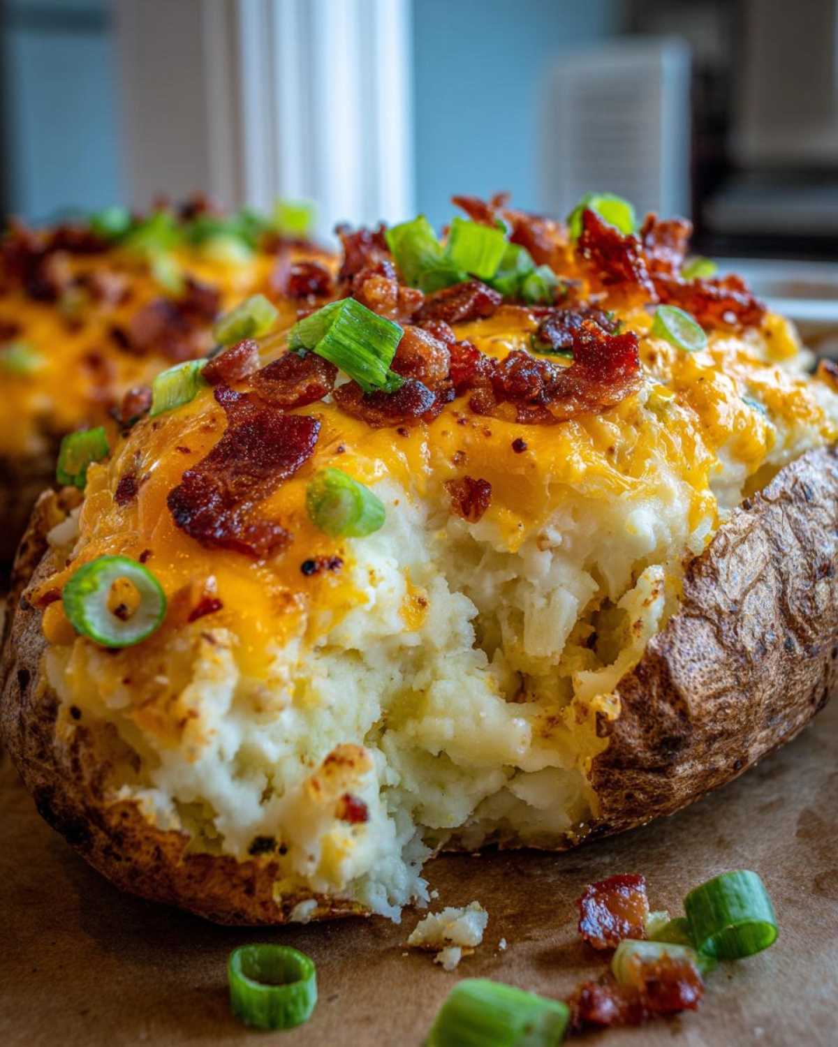 A close-up of a twice baked potato, loaded with melted cheddar cheese, crispy bacon bits, and fresh green onions.
