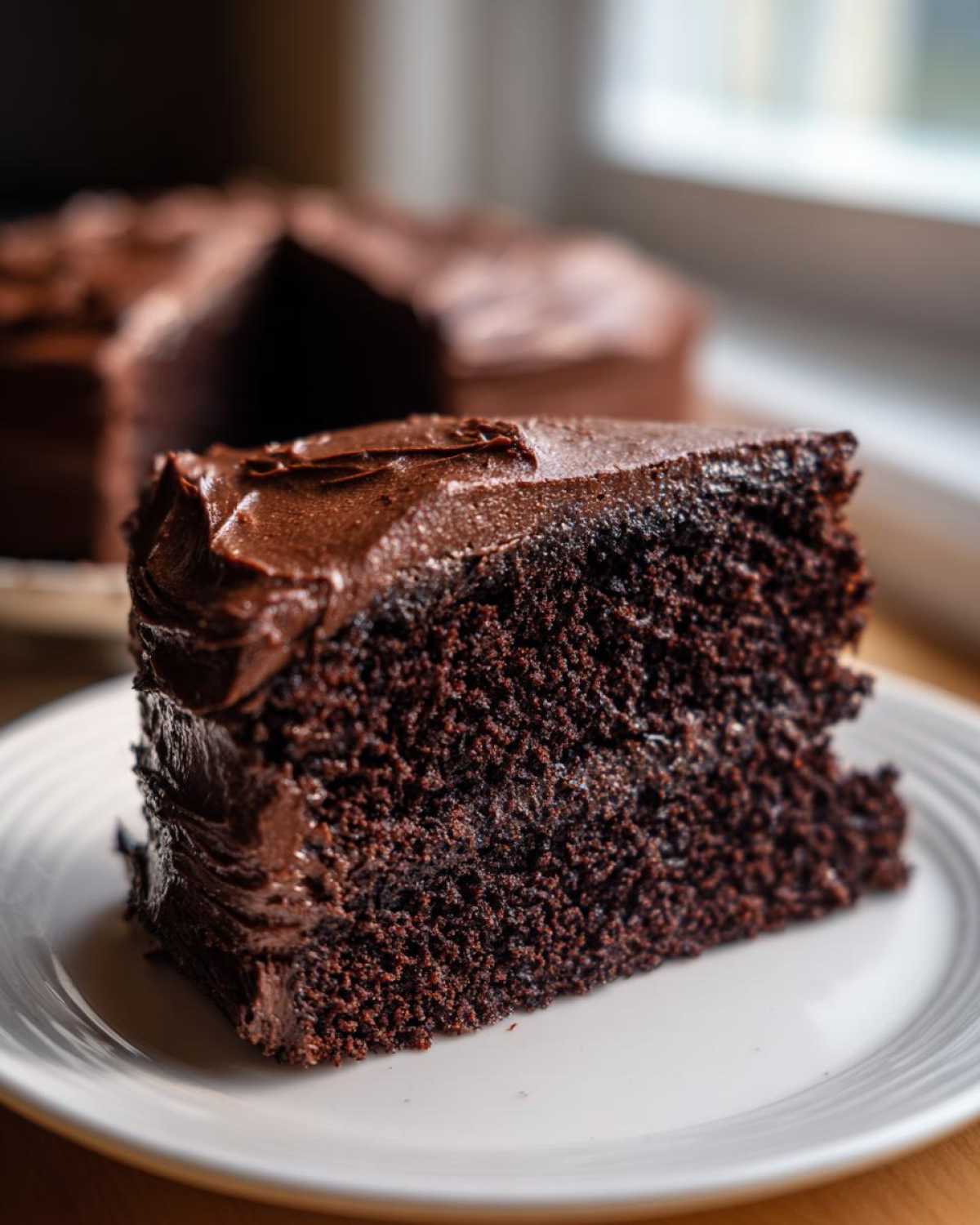 Close-up of a rich, dark slice of chocolate fudge cake with thick, glossy fudge frosting on a white plate.