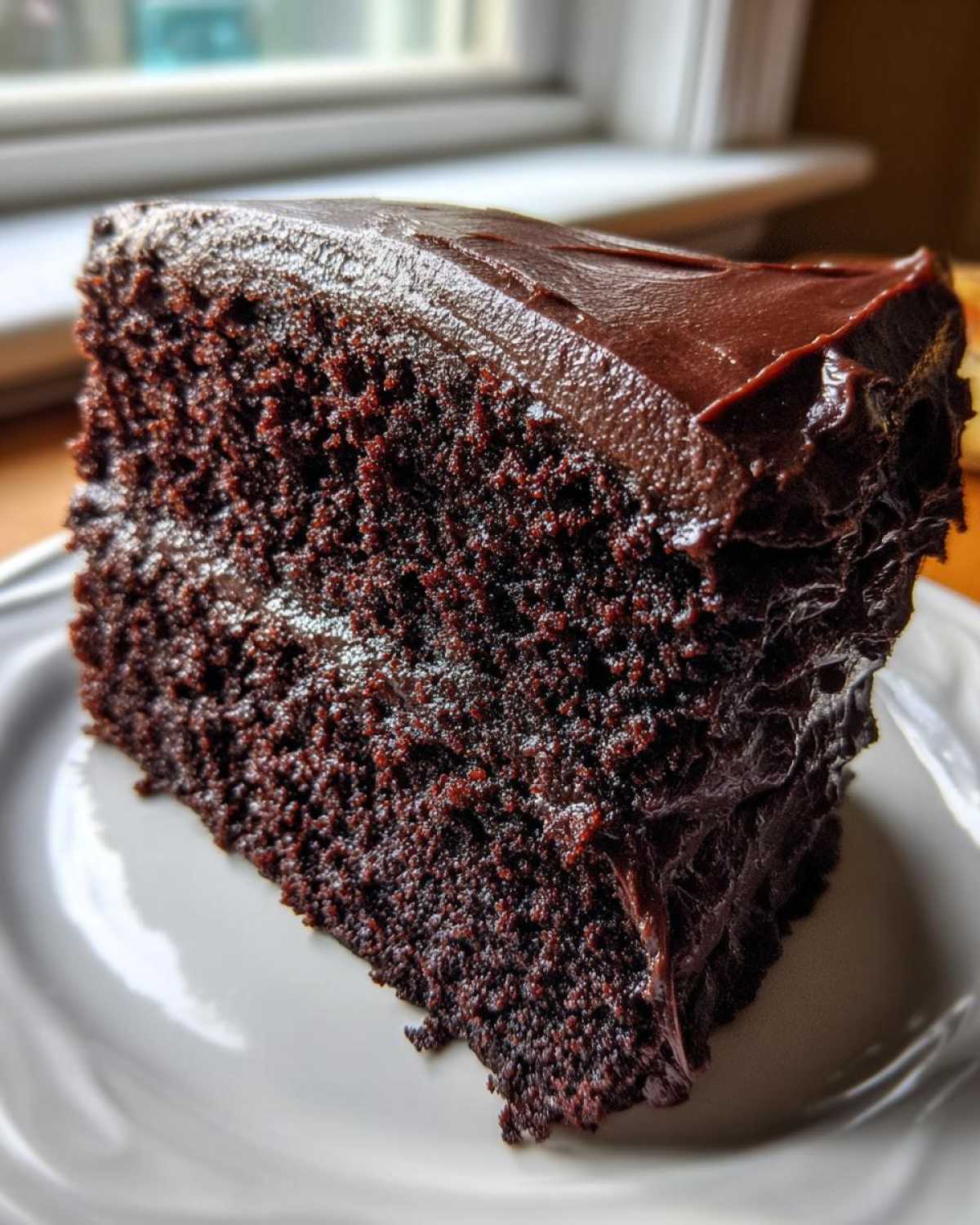 A close-up of a rich, dark slice of chocolate fudge cake with thick, glossy frosting.