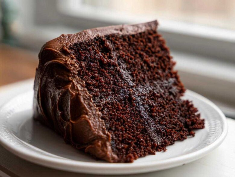 Close-up of a moist slice of ultimate chocolate fudge cake covered in thick chocolate frosting on a white plate.