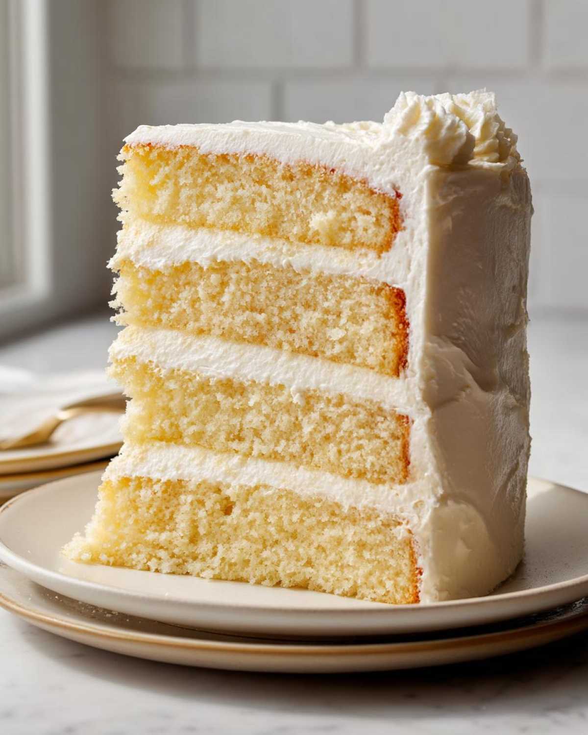 A tall, four-layer slice of moist vanilla cake recipe layered and covered with thick white buttercream frosting.