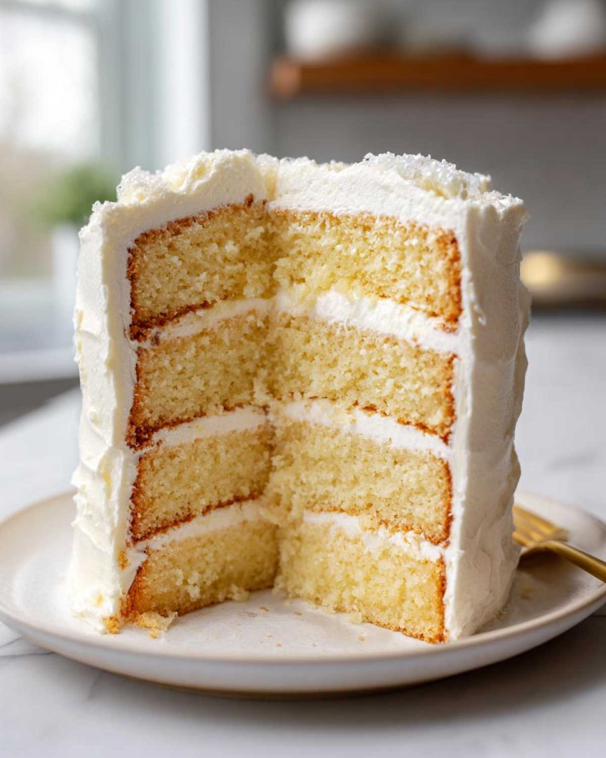 Close-up of a tall slice of moist vanilla cake recipe, featuring four layers and thick white buttercream frosting.