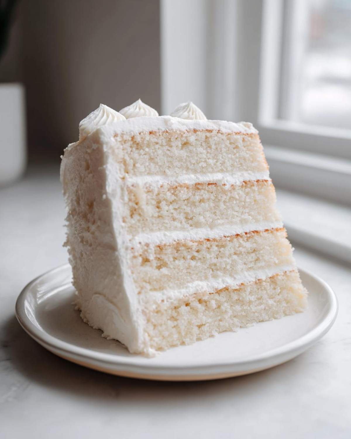 A tall, four-layer slice of moist vanilla cake recipe covered in white buttercream frosting, served on a small plate.