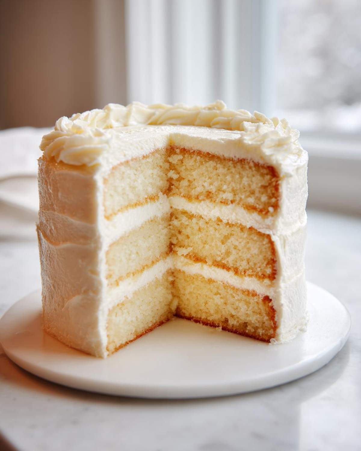 A slice cut from a tall, three-layer vanilla cake recipe, showing fluffy white layers and thick vanilla buttercream frosting.