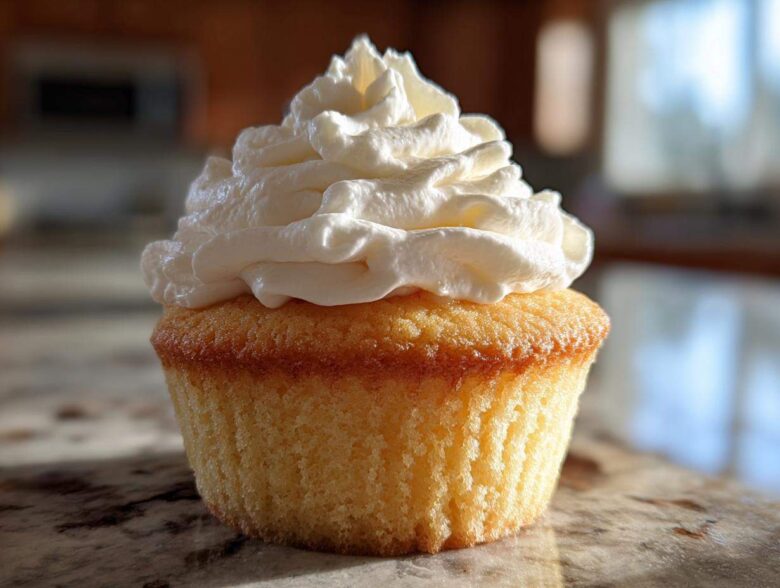 A single, perfectly baked vanilla cupcake topped with a generous swirl of white frosting.