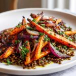 Close-up of a hearty veggie lentil salad base topped with roasted carrots and red onions, garnished with parsley.