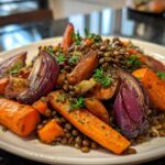 A close-up of a hearty veggie lentil salad featuring roasted carrots, red onion wedges, and brown lentils, garnished with parsley.