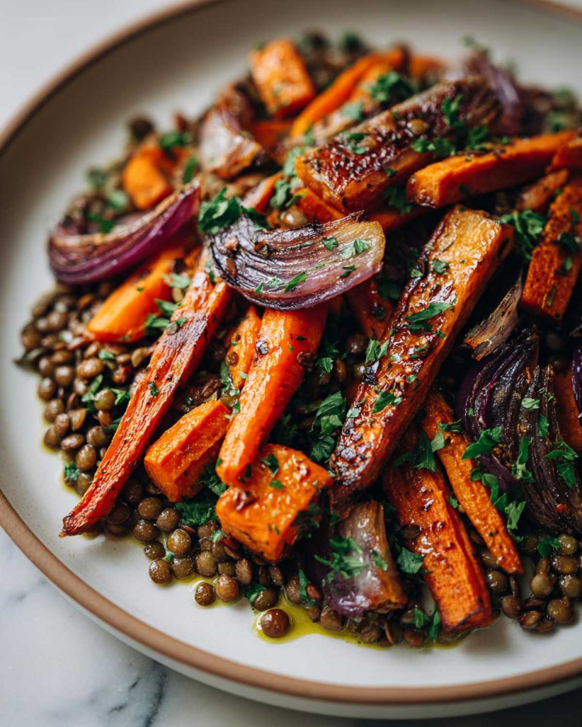 Close-up of a veggie lentil salad featuring roasted carrots, red onion wedges, and green lentils, topped with parsley.