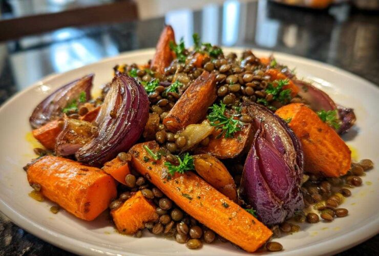 A close-up of a hearty veggie lentil salad featuring roasted carrots, red onion wedges, and brown lentils, garnished with parsley.