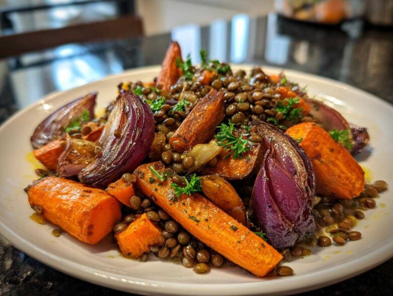 A close-up of a hearty veggie lentil salad featuring roasted carrots, red onion wedges, and brown lentils, garnished with parsley.