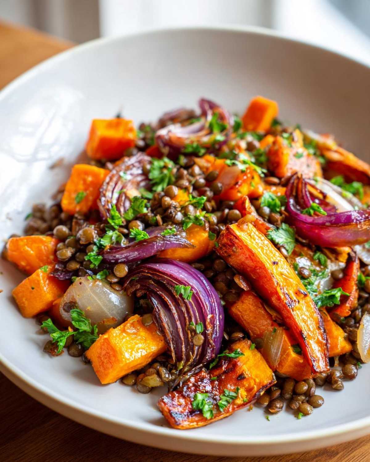 Close-up of a hearty veggie lentil salad featuring roasted sweet potatoes, red onions, and green lentils, garnished with parsley.
