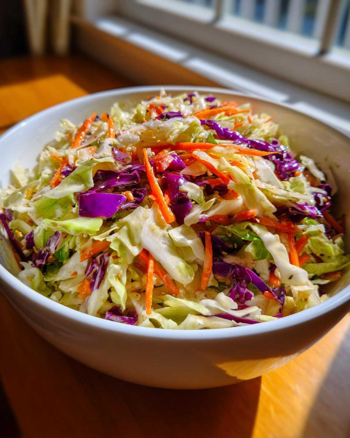 Close-up of a fresh, colorful cabbage salad with shredded carrots and purple cabbage in a white bowl.