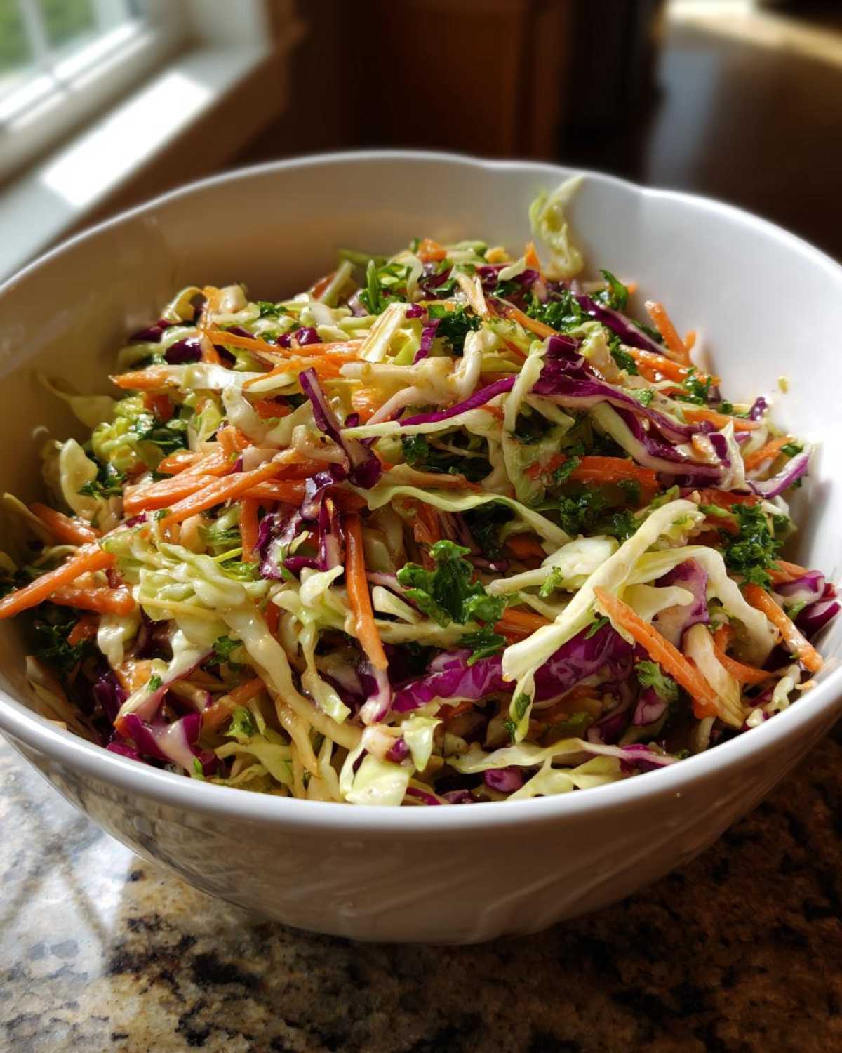 A large white bowl filled with vibrant cabbage salad, featuring shredded green cabbage, purple cabbage, and carrots.