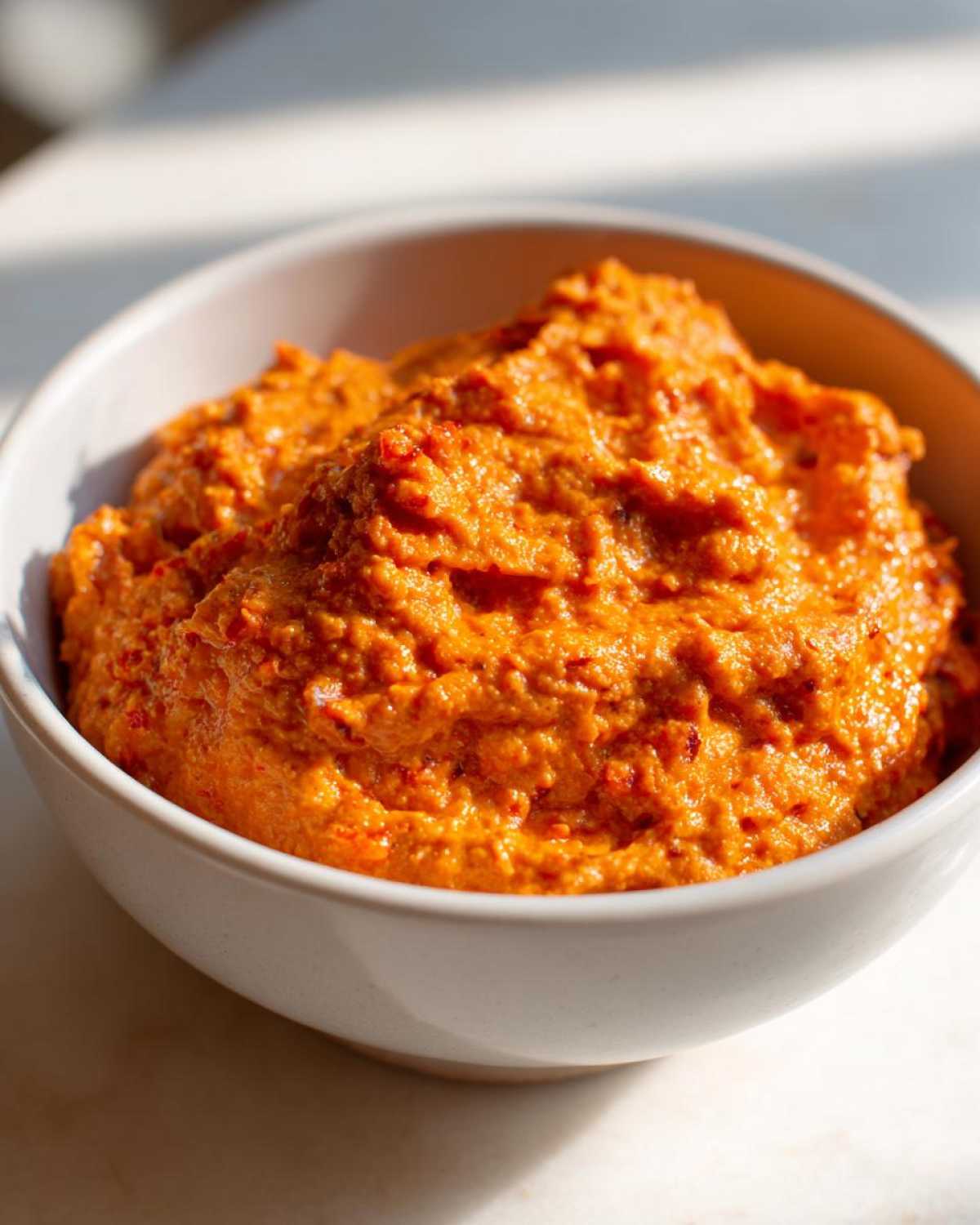 Close-up of a vibrant orange, thick chili cheese dip served in a white bowl, ready for serving.