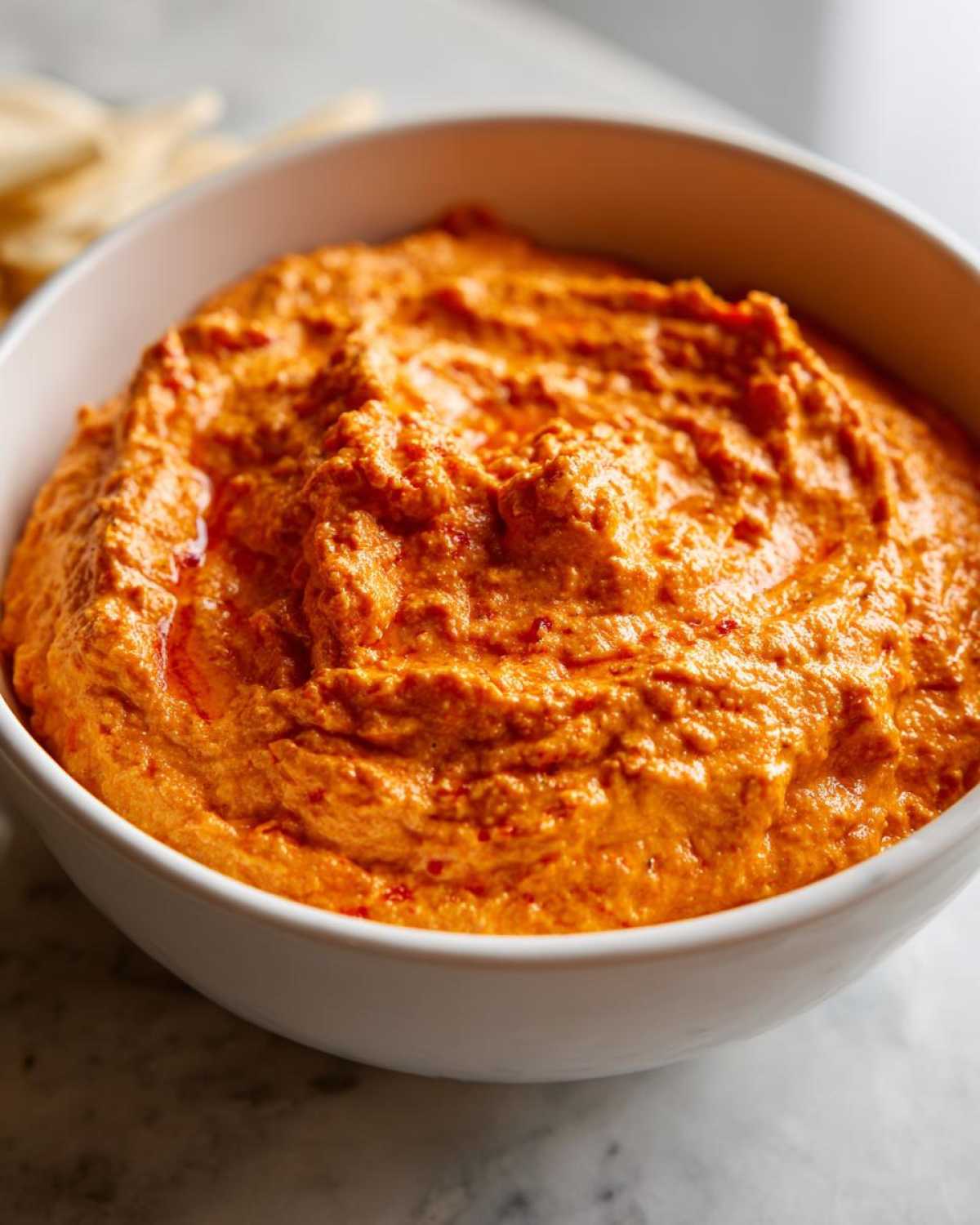Close-up of a thick, bright orange chili cheese dip served in a white bowl, ready for dipping.