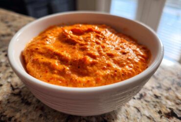 Close-up of thick, bright orange chili cheese dip texture served in a small white bowl on a granite counter.