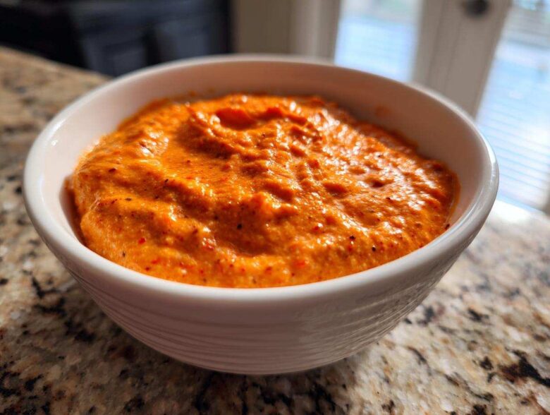 Close-up of thick, bright orange chili cheese dip texture served in a small white bowl on a granite counter.