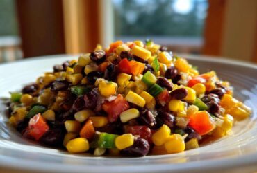A close-up of a colorful mound of cowboy caviar featuring black beans, corn, diced tomatoes, and peppers on a white plate.