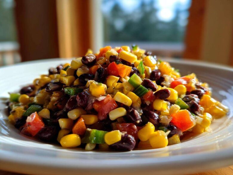A close-up of a colorful mound of cowboy caviar featuring black beans, corn, diced tomatoes, and peppers on a white plate.