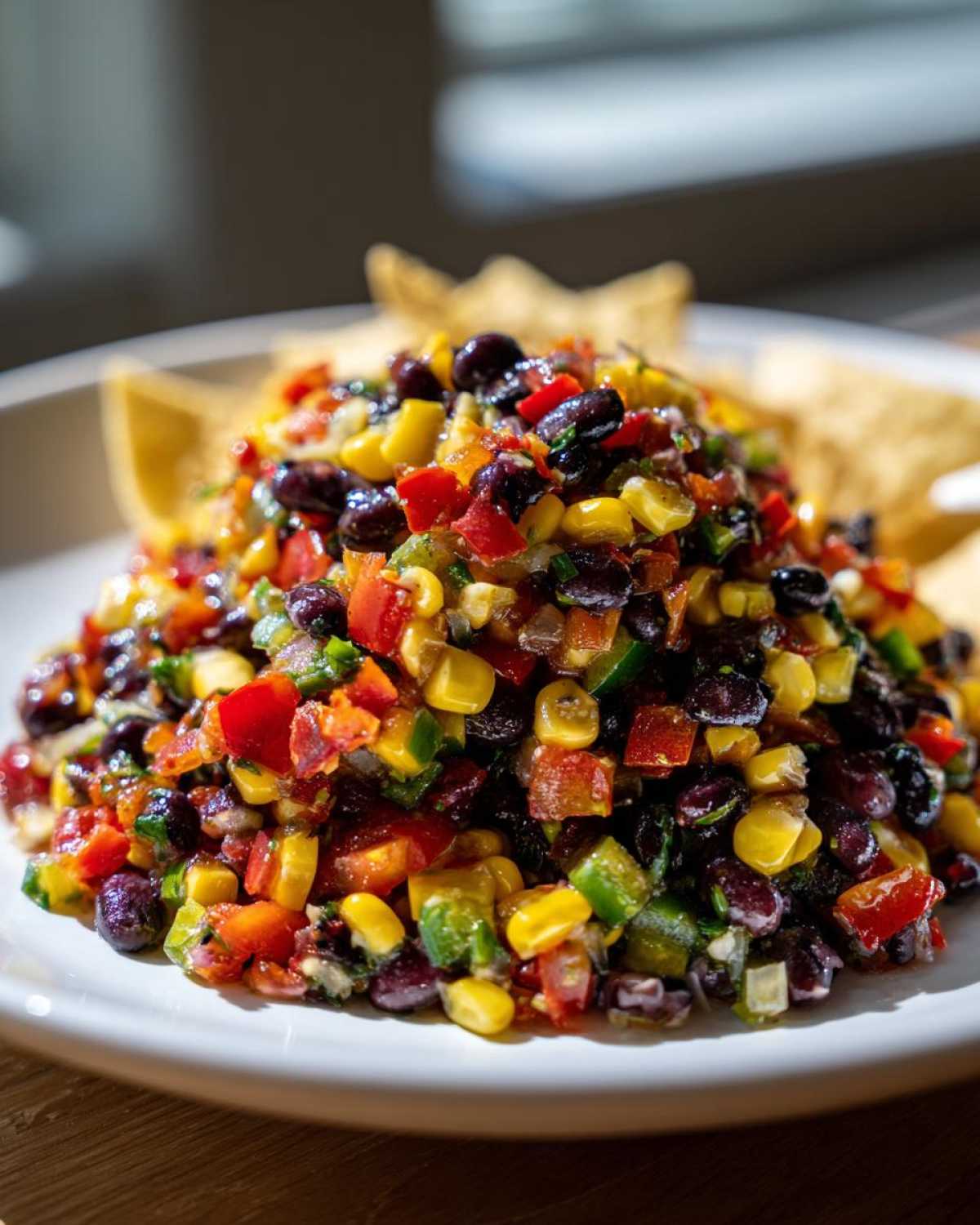 Close-up of colorful cowboy caviar featuring black beans, corn, and diced peppers, served on a white plate with tortilla chips.