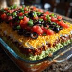 Close-up of a vibrant, layered seven layer dip in a glass dish, topped with cheese, tomatoes, olives, and green onions.