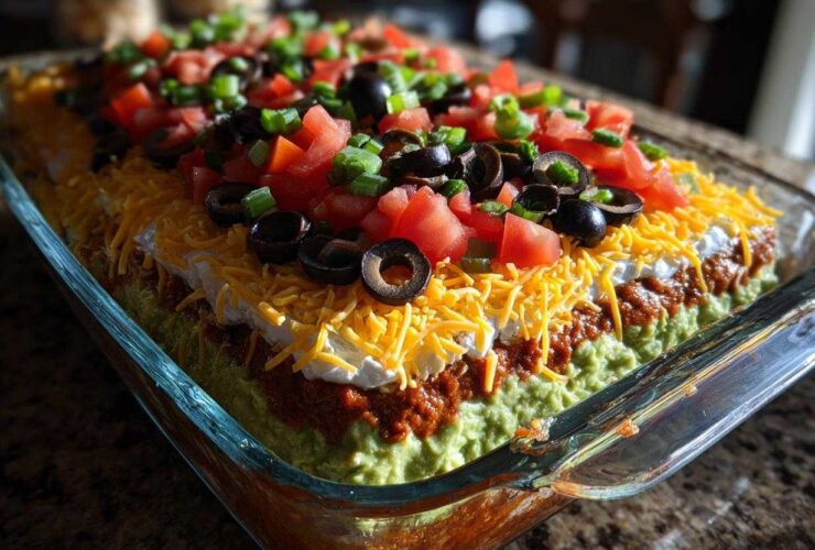 Close-up of a vibrant, layered seven layer dip in a glass dish, topped with cheese, tomatoes, olives, and green onions.