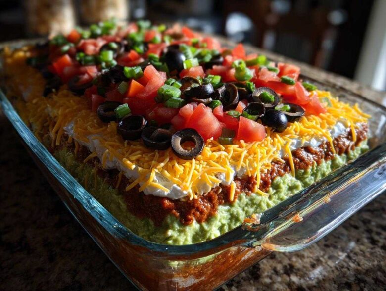 Close-up of a vibrant, layered seven layer dip in a glass dish, topped with cheese, tomatoes, olives, and green onions.