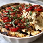 A spoonful being lifted from a baked 3-cheese bruschetta dip, topped with halved cherry tomatoes, basil, and balsamic glaze.