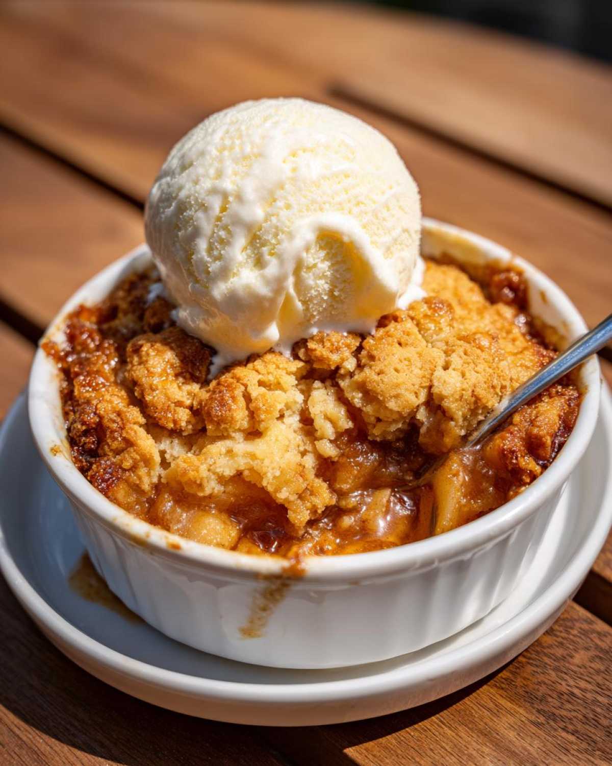 A single serving of warm apple cobbler recipe with a golden crumble topping and a scoop of melting vanilla ice cream.