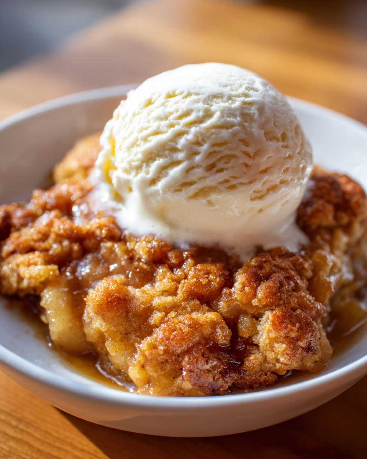 Close-up of a serving of warm apple cobbler recipe with a scoop of melting vanilla ice cream on top.