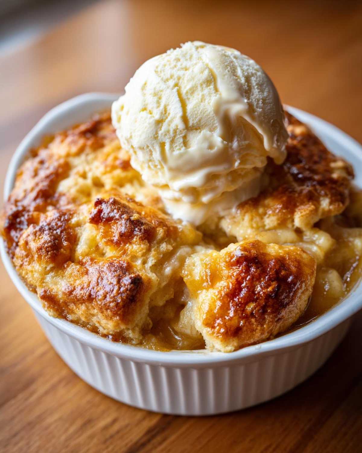 Close-up of a warm apple cobbler recipe served in a white ramekin, topped with a melting scoop of vanilla ice cream.