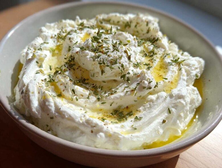 A close-up view of a bowl filled with fluffy, creamy whipped feta dip, drizzled with olive oil and sprinkled with dried herbs.
