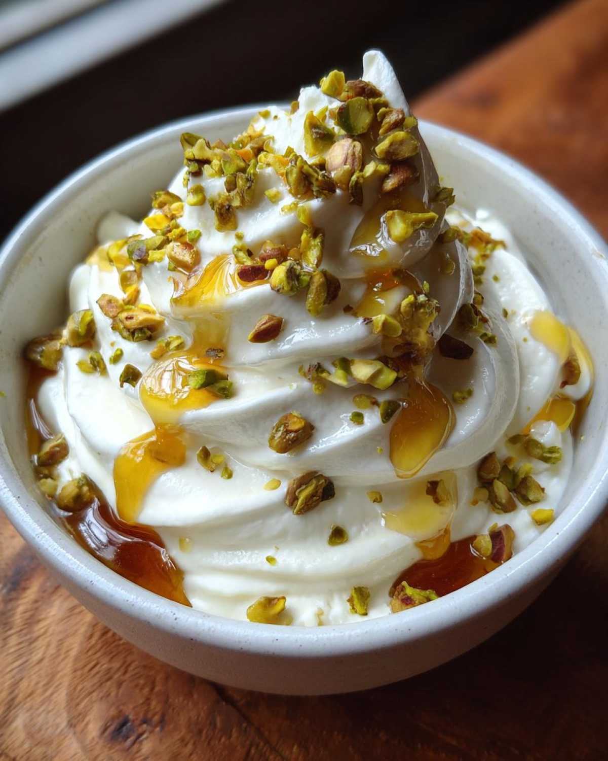 A close-up of creamy whipped goat cheese topped with drizzled honey and chopped pistachios in a white bowl.