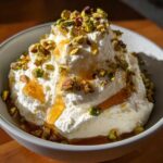A mound of fluffy whipped goat cheese topped with honey drizzle and chopped pistachios.