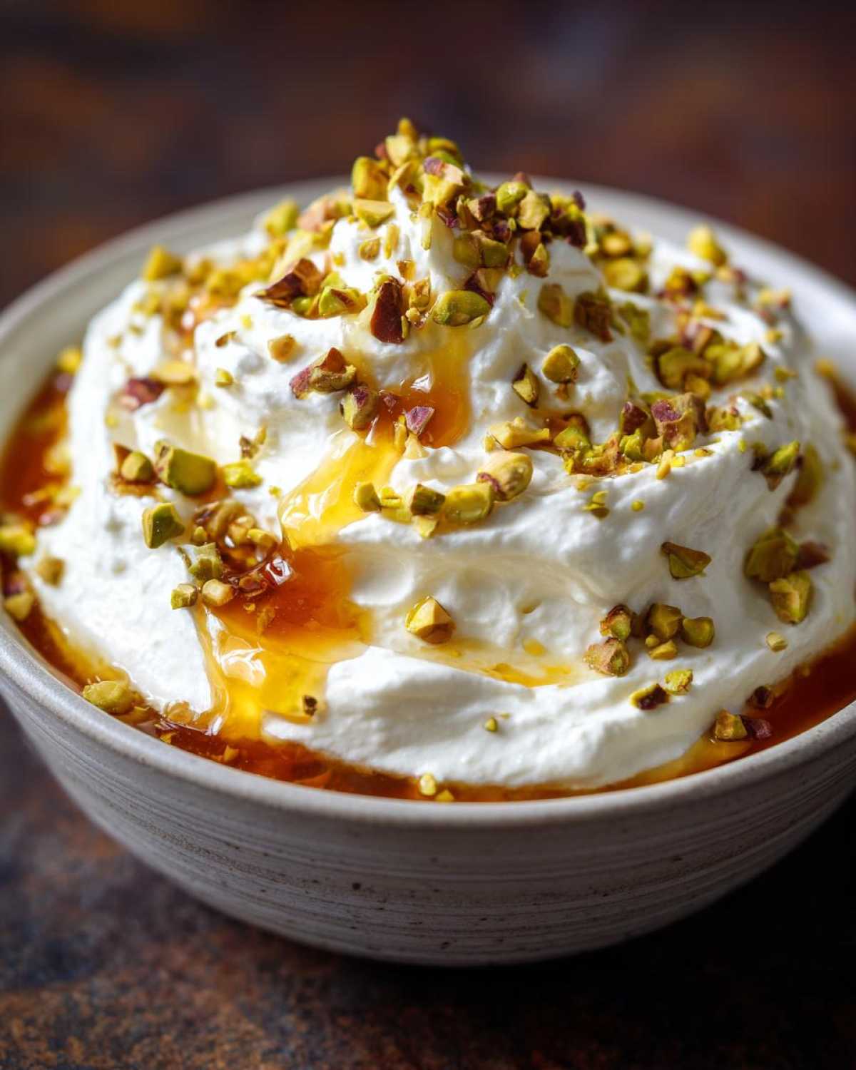 Close-up of creamy whipped goat cheese topped with chopped pistachios and drizzled with honey.