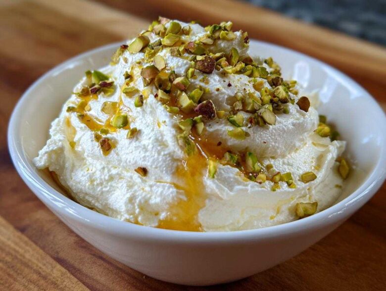 A white bowl filled with fluffy whipped goat cheese topped with chopped pistachios and a drizzle of golden honey.