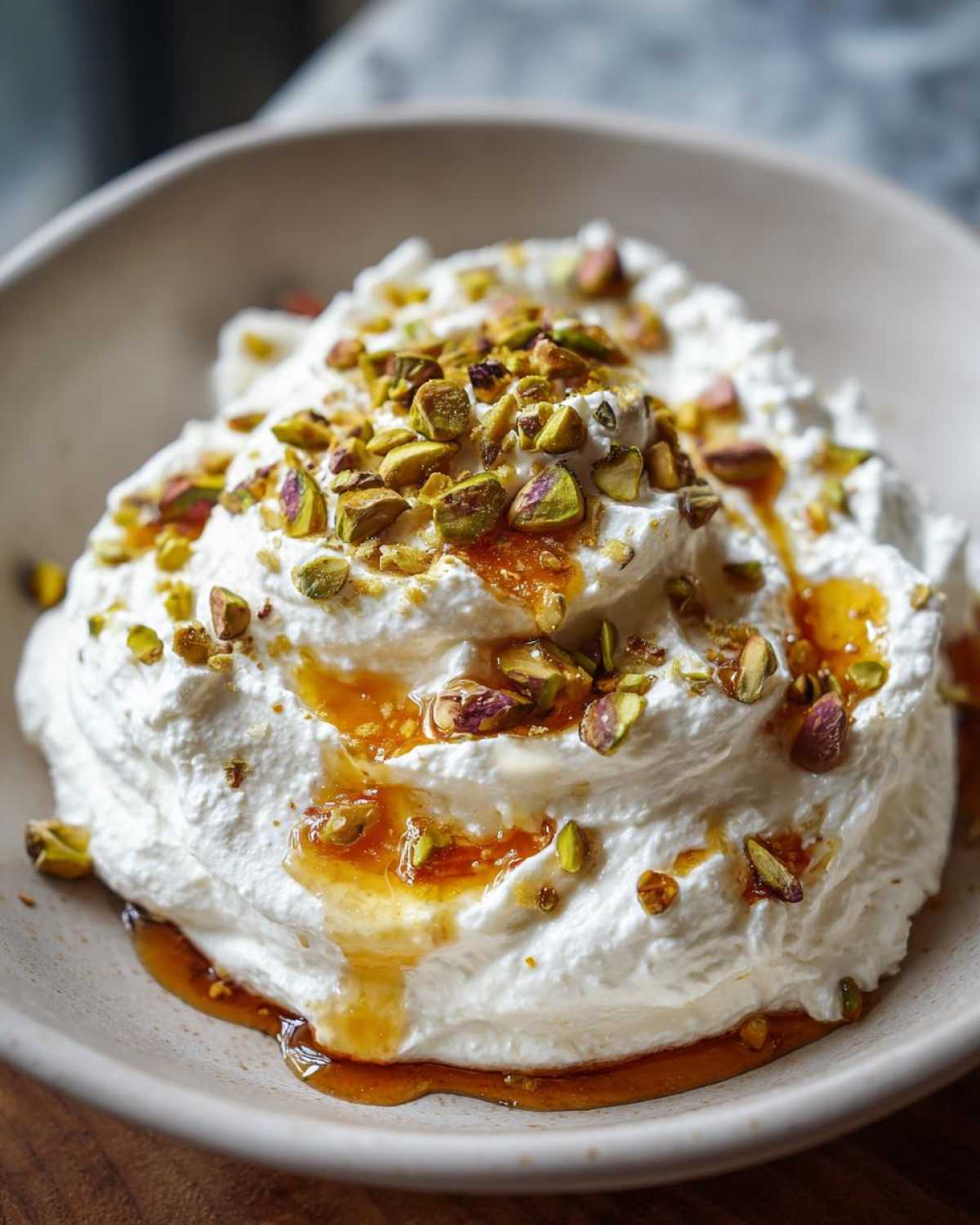 Close-up of fluffy whipped goat cheese topped with chopped pistachios and drizzled with honey.