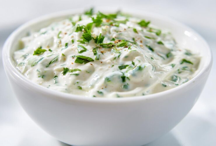 Close-up of creamy 5-Minute Greek Yogurt Ranch Dip topped with fresh chopped parsley.