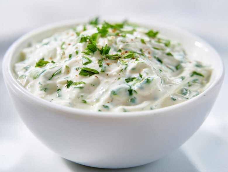 Close-up of creamy 5-Minute Greek Yogurt Ranch Dip topped with fresh chopped parsley.