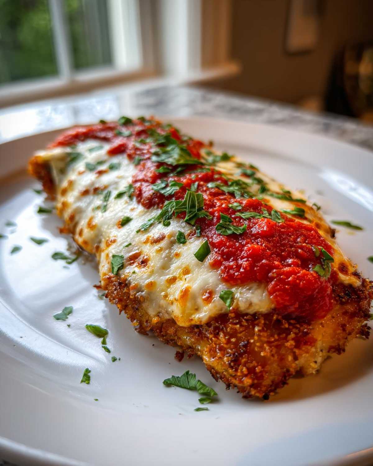 A close-up of a perfectly cooked Air Fryer Chicken Parmesan topped with melted mozzarella and marinara sauce.