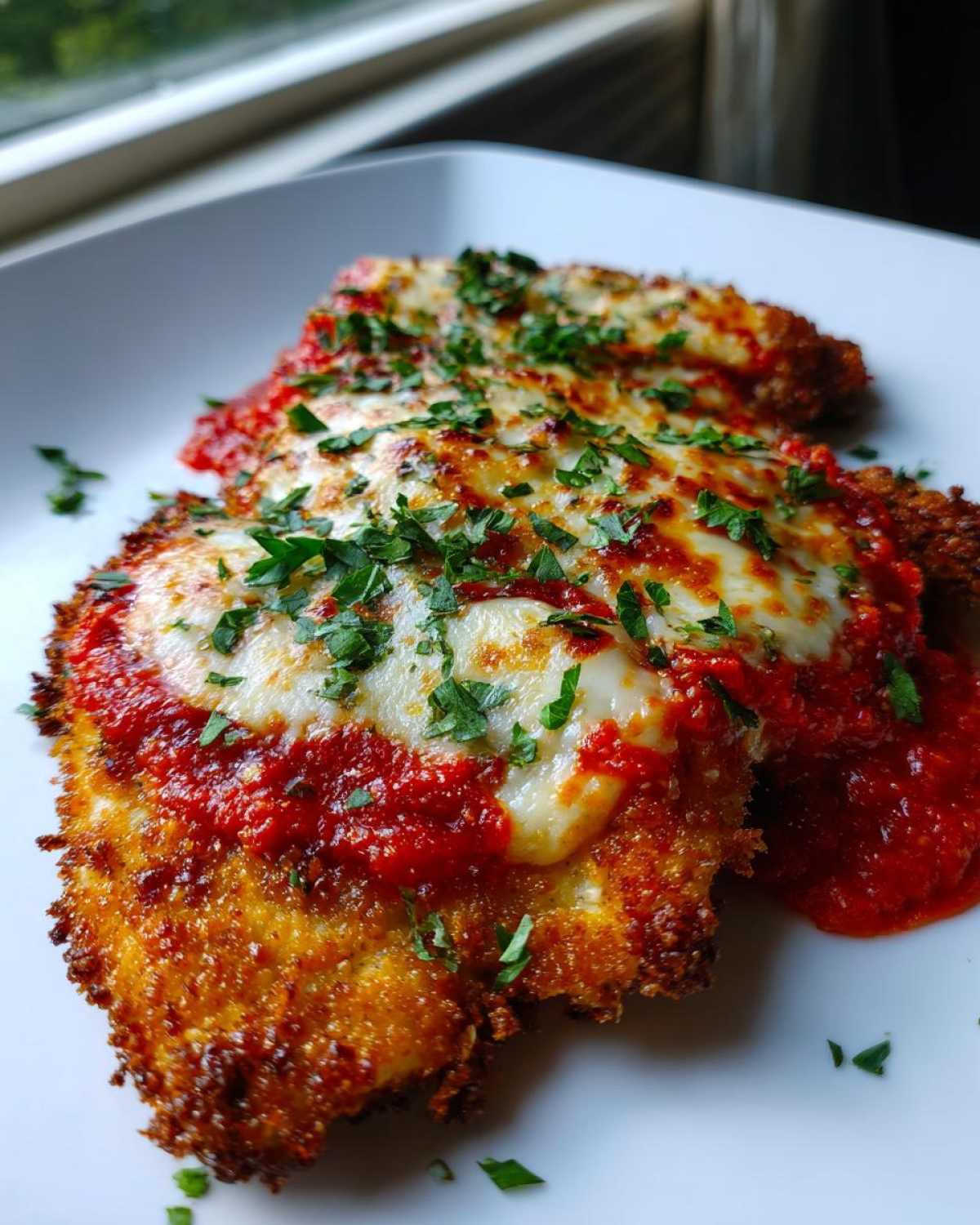 Close-up of two pieces of crispy Air Fryer Chicken Parmesan topped with marinara sauce and melted mozzarella, garnished with parsley.