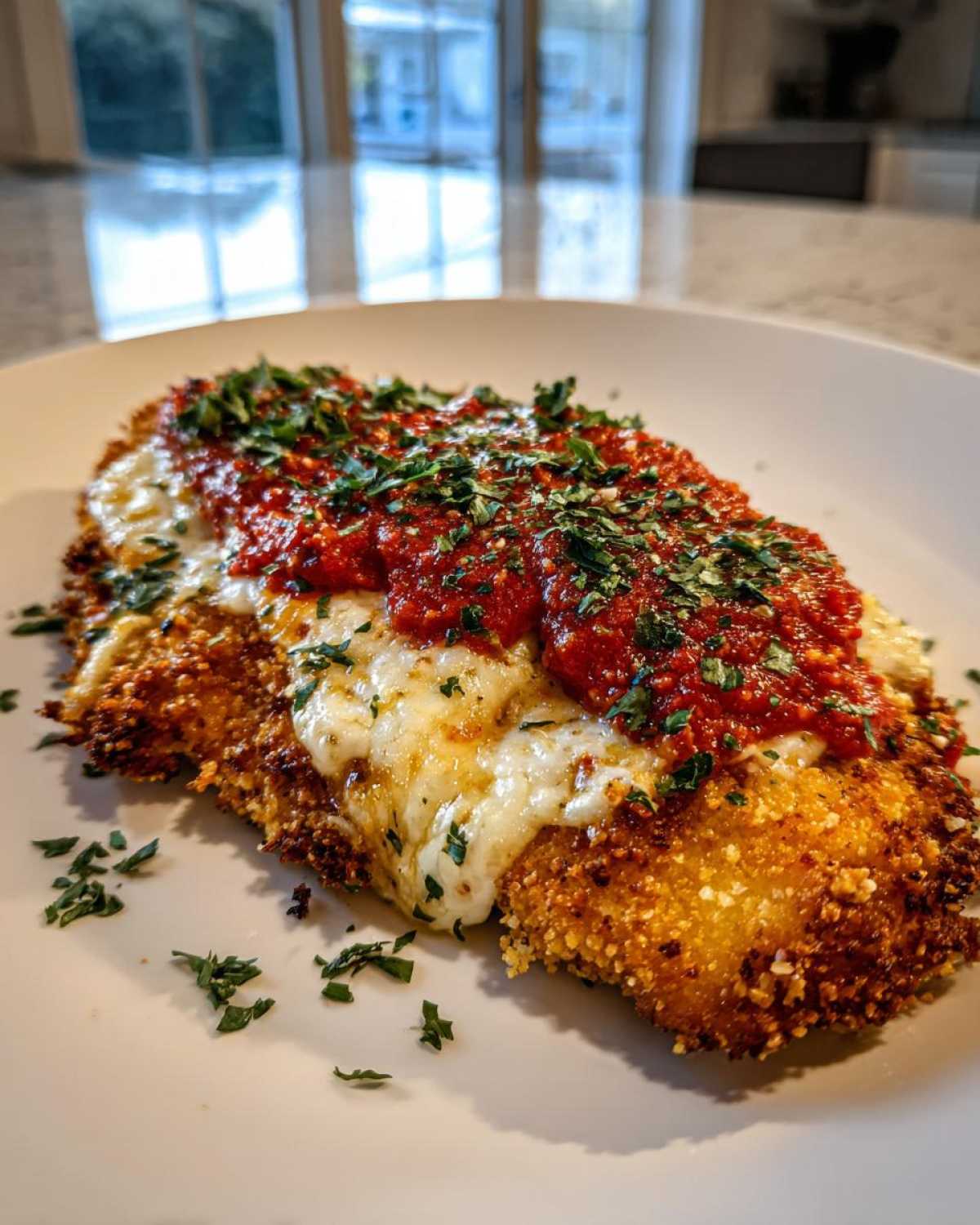 A close-up of crispy Air Fryer Chicken Parmesan topped with melted mozzarella, marinara sauce, and fresh parsley.