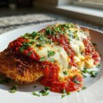 A close-up of a golden, crispy Air Fryer Chicken Parmesan topped with melted mozzarella and marinara sauce, garnished with parsley.