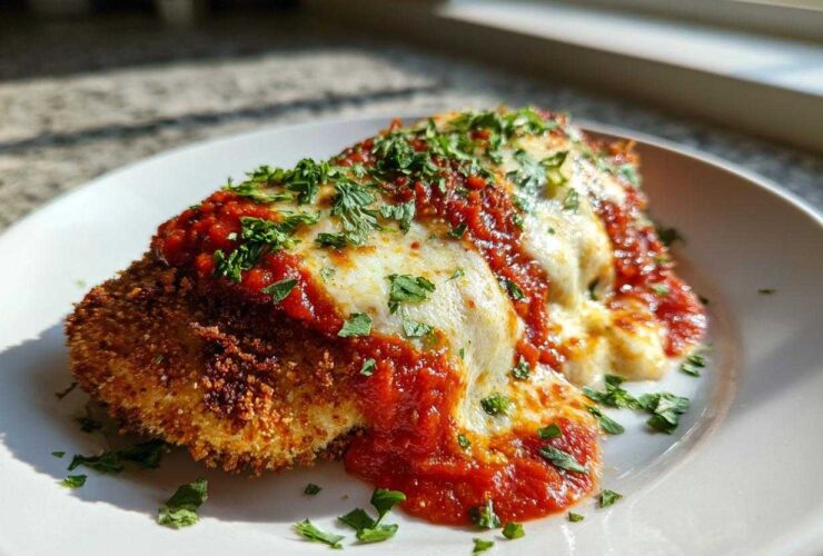 A close-up of a golden, crispy Air Fryer Chicken Parmesan topped with melted mozzarella and marinara sauce, garnished with parsley.