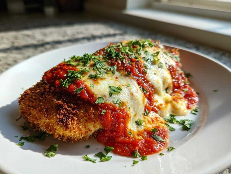 A close-up of a golden, crispy Air Fryer Chicken Parmesan topped with melted mozzarella and marinara sauce, garnished with parsley.
