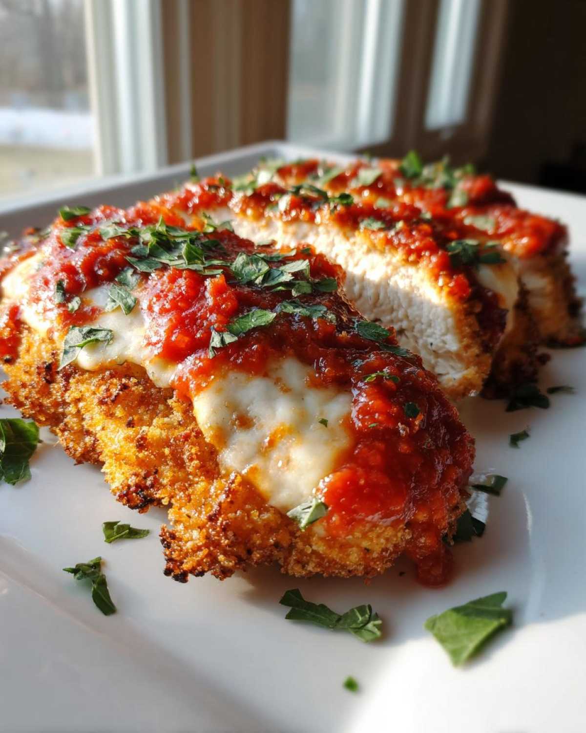 Close-up of sliced Air Fryer Chicken Parmesan topped with melted mozzarella and marinara sauce, garnished with parsley.