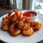 A plate of golden brown, crispy Air Fryer Coconut Shrimp served with a side of bright red sweet chili dipping sauce.