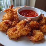 A plate of crispy, golden Air Fryer Coconut Shrimp served with a small bowl of sweet chili dipping sauce.